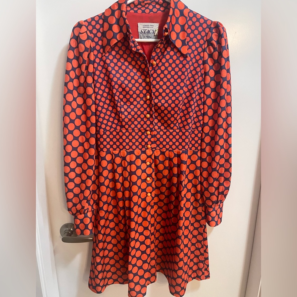Vintage red & navy blue polka dot dress